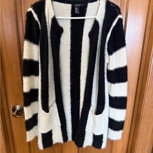 Forever 21 Black and White Striped Fuzzy Open-Front Cardigan